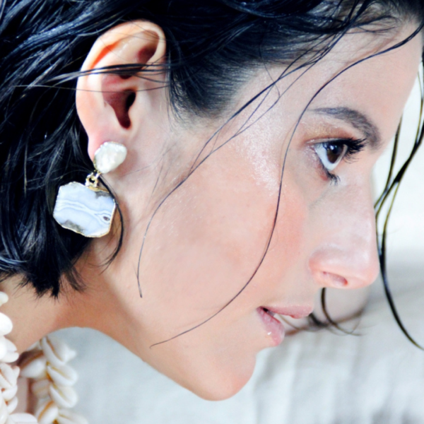 Pearl and Blue Onyx Earrings on Model
