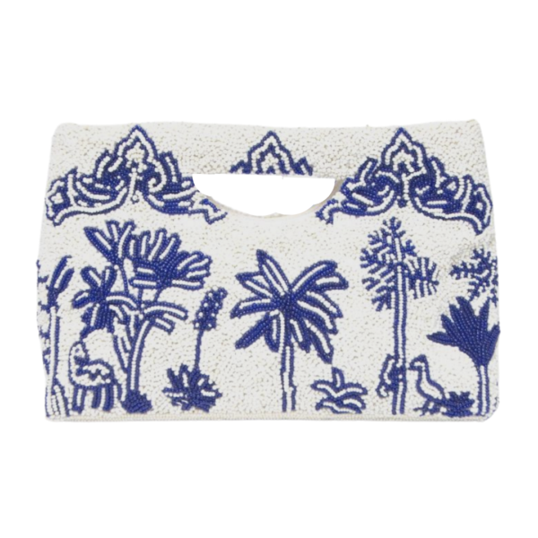 Blue and White Beaded Cut-Out Handle Clutch