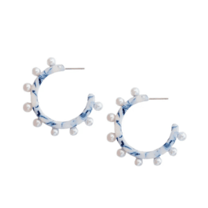 Blue and White Pearl acrylic Hoop Earrings