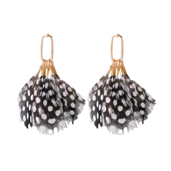 Black feather earrings with white spots. Lightweight gold-tone design perfect for any occasion